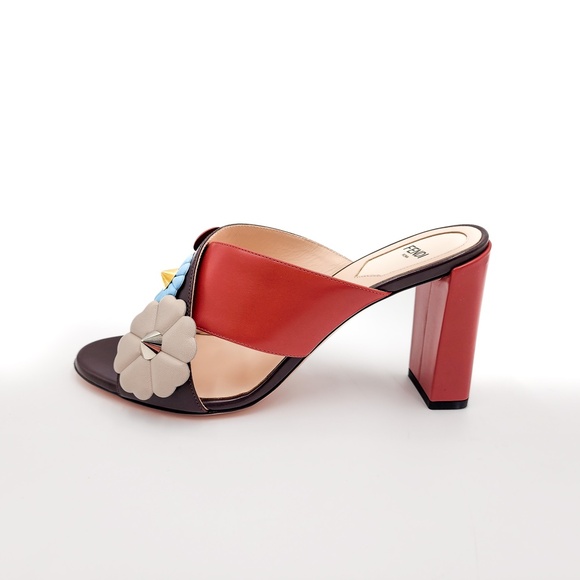 FENDI Brown Nappa Leather Floral Slip-On Heels Designer Mules Shoes EU 38 - Picture 4 of 10